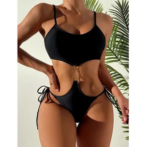 European American Aliexpress Export New Women's One-Piece Swimsuit Pure Color Sexy Lace-Up Nylon for Hot Springs Beaches Waist