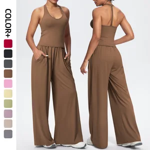 High Quality V-Neck Beautiful Back Fitness Tank Top Wide Leg Yoga Pants Solid Color Running Naked Feeling Sports Fitness Sets