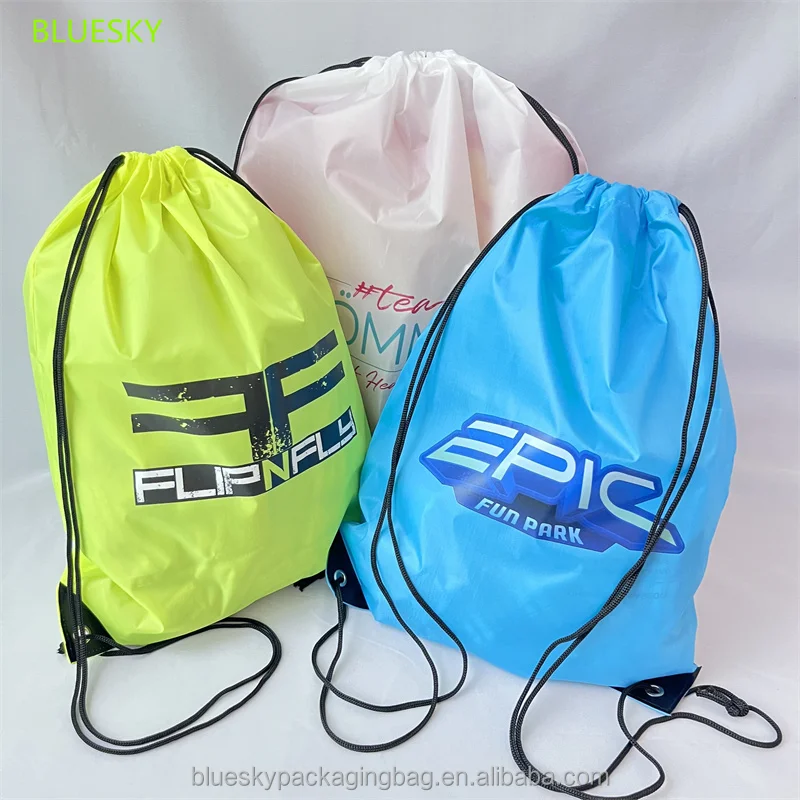 210d Polyester Draw String Bags Custom Logo Waterproof Sports Backpack Promotional Blue Nylon