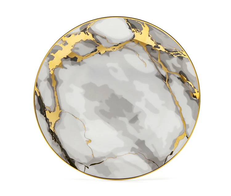 Wholesale restaurant marble pattern dinner grey tableware set dishes gold rim serving charger platter ceramic wedding plates