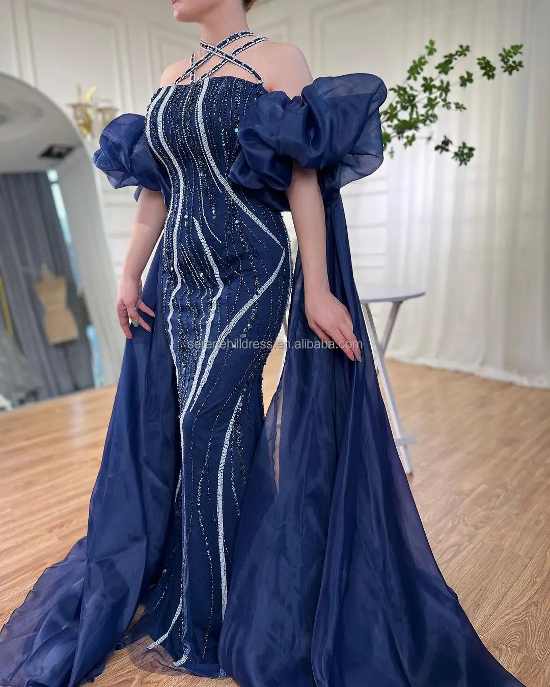 Blue Arabic Luxury Beaded Mermaid Evening Dress Gown with Cape Sleeves LA71715