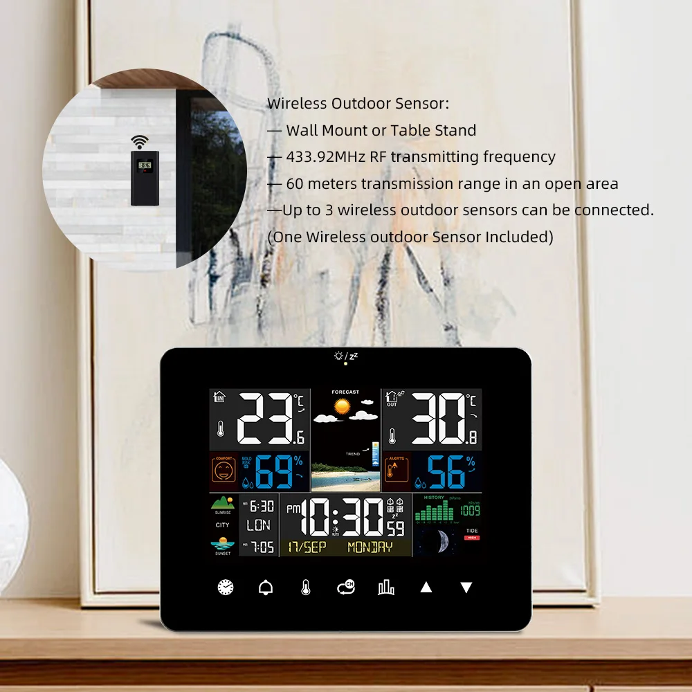 Weather Station with Touch Screen Wall Clock Temperature Humidity Meter Table Desk Clocks with Outdoor Sensor