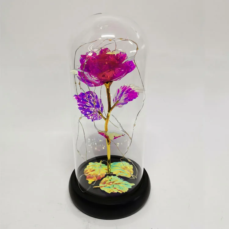 Wholesale led lighted preserved flower dome rose in terrarium glass jar dome led light tall tabletop with wood base supplier