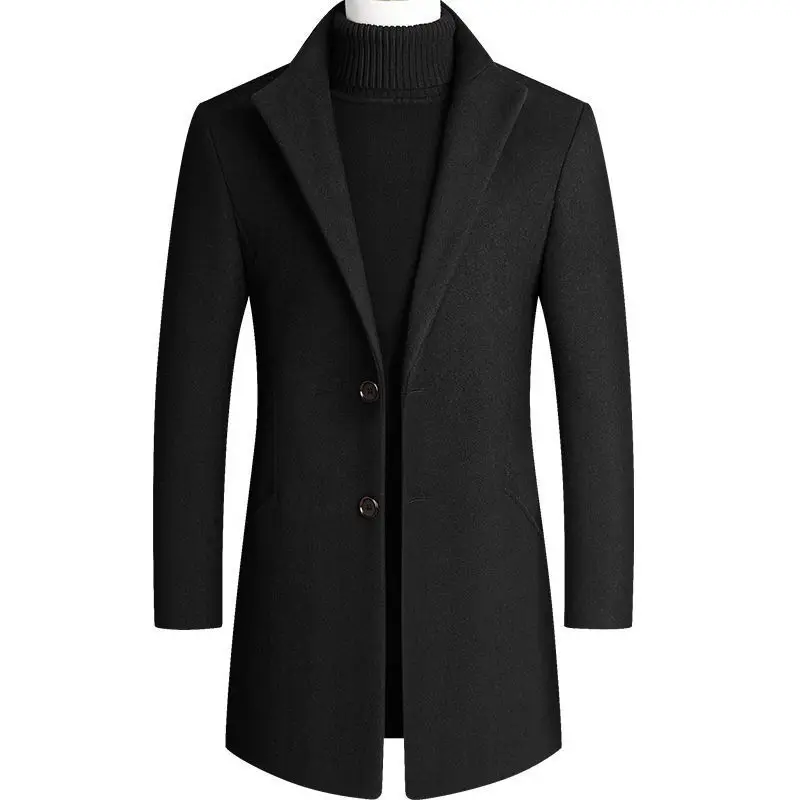 New fashion men autumn winter turn-down collar solid color simple plus size casual coat medium length woolen overcoat_voghion.com