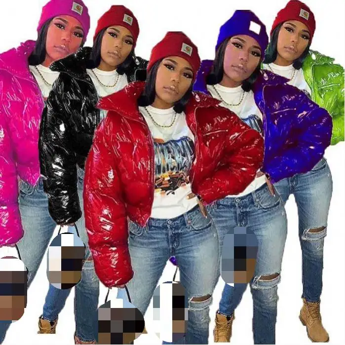 
 Блестящее укороченное Женское зимнее пальто ярких цветов с длинным рукавом, пузырьковое розовое пальто, пуховик  