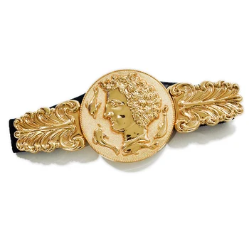 Shiny Gold Big wide Round Coin Buckle Metal Belt Queen Dophin Stretch Dress Belt For Women bg-014