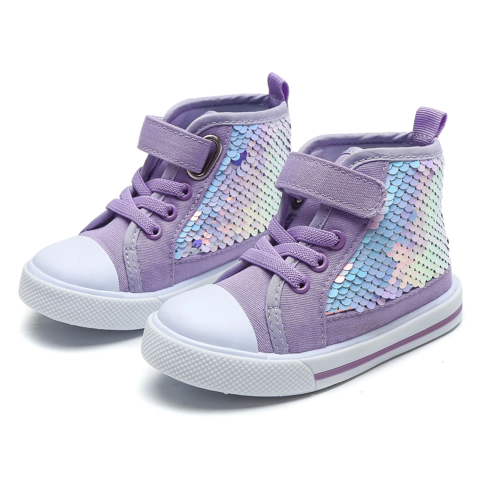 High Top Trendy Sequin Princess Girls Buckle Strap Casual Shoes Kids Tennis  Canvas Shoes for 10 to 13 Years Old - Main Image