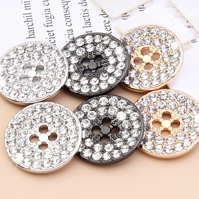 Fancy Shiny Round 4 Holes Sewing Metal Buttons With Rhinestone Decorative For Clothing