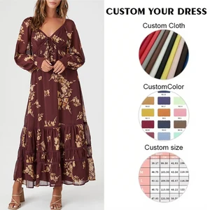 Boho Solid Floral Print A-Line Maxi Dress Vintage Long Sleeve V-Neck Casual Natural Waistline Eco-Friendly Washable 100% Cotton