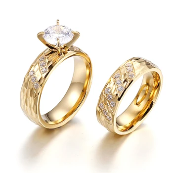 Custom 14k golden plated wedding engagement statement promise ring diamond jewelry women stainless steel gold rings