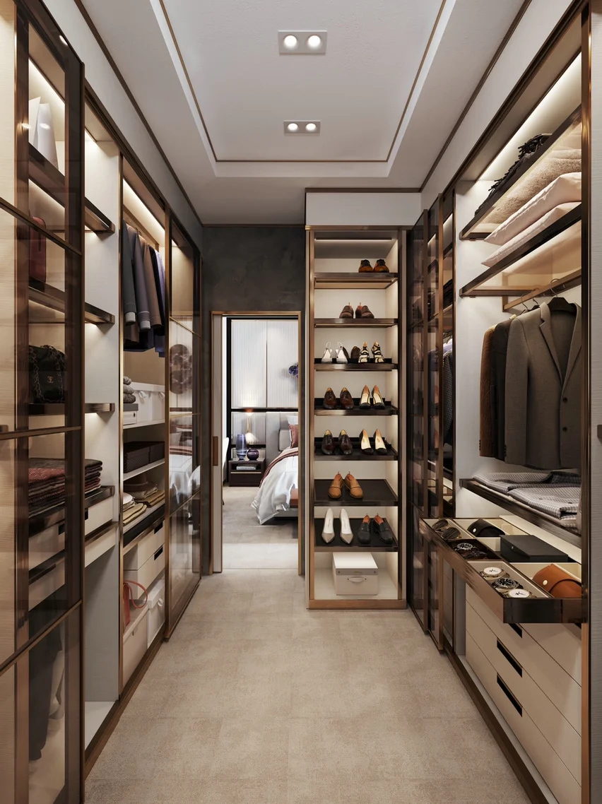 Modern walk in closet Designs glass door bedroom furniture  storage drawers wardrobes with LED