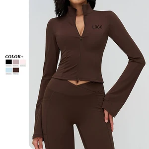 Custom Logo Women Yoga Jacket Stand Collar Full Zipper Flared Sleeve Quick Dry Breathable Slim Fit Running Workout Gym Wear