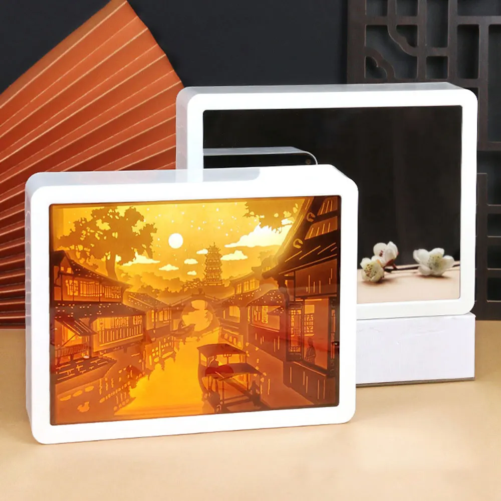 LED Rechargeable Rectangle 3D Mirror Paper Carved Night Light for Bedroom Decoration Desk Lamp