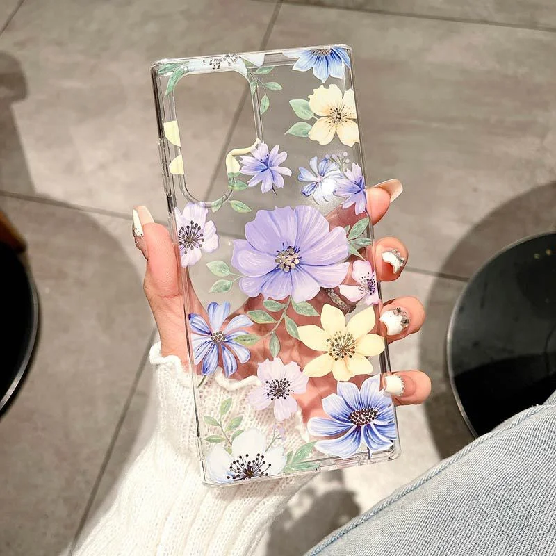 Luxury Flower Pattern Transparent Phone Cases for Samsung S26 S23 S24 S25 Ultra A56 A35 A53 Double Layer Printing Antifall Cover
