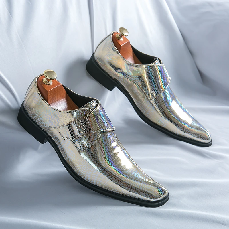 Size 38-46 Point Toe Dress Shoes Casual Slip on Silver Single/Double Monk  Strap Patent Leather Shoes for Men