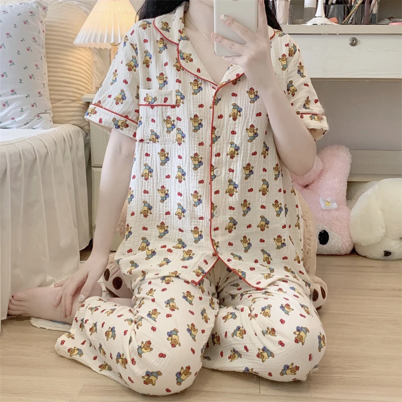 Soft Cute Pajamas Sets Girls Summer Sleepwear Short Nighty Nightwear Floral  Print Pure Cotton Sleeping Nightgown for Women