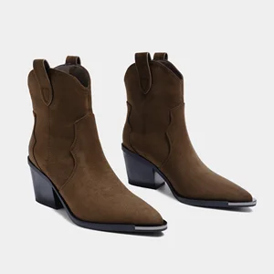 Women's High Quality Suede Ankle Boots Western Chic Design Pointed Toe Block Heel Slip-On Autumn Fashion Breathable Korean