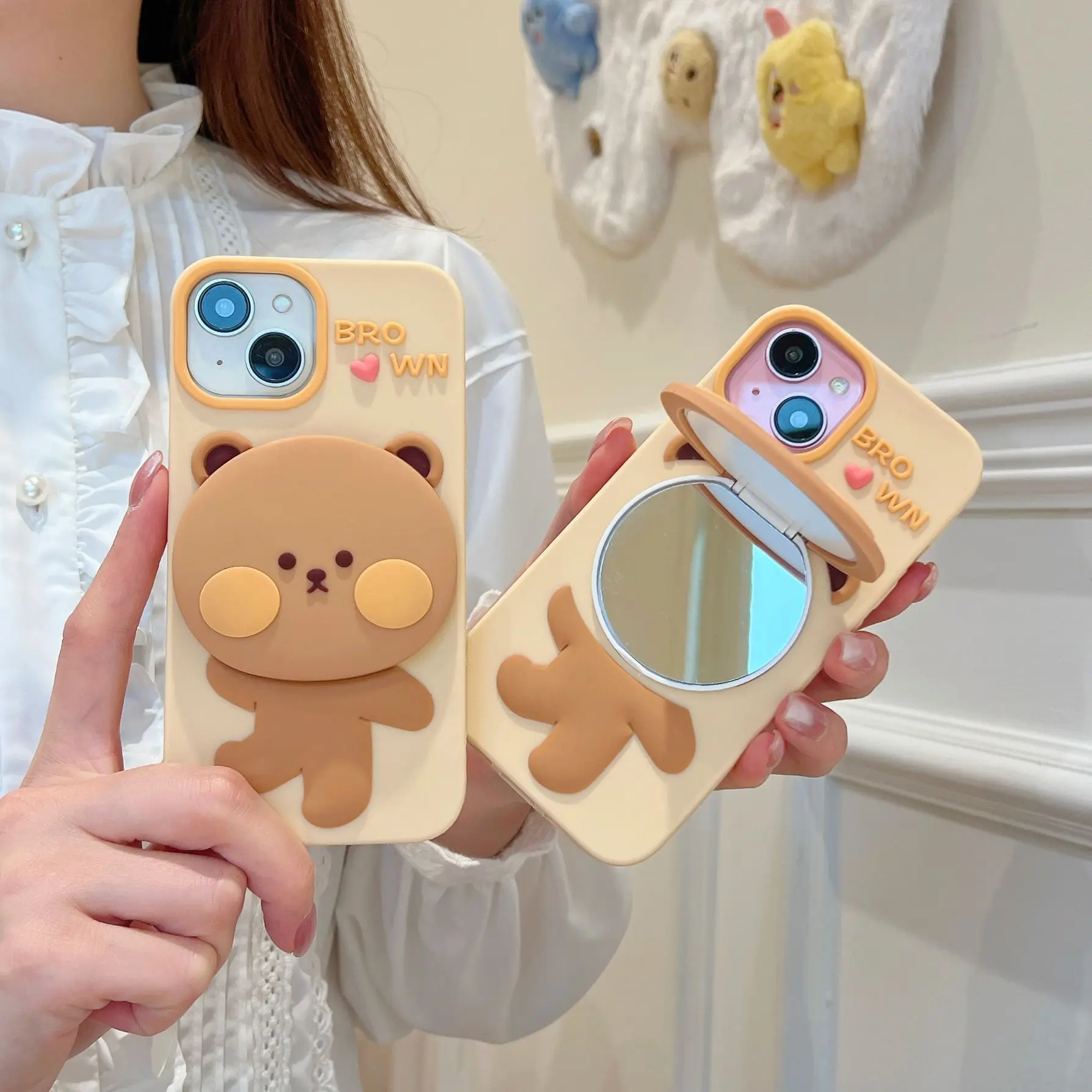 Silicone Cover with Make-up Mirror Kickstand Cute Pattern Designer Cartoon Phone Case for iPhone 13 Pro/14 Pro Max/15 Pro Max