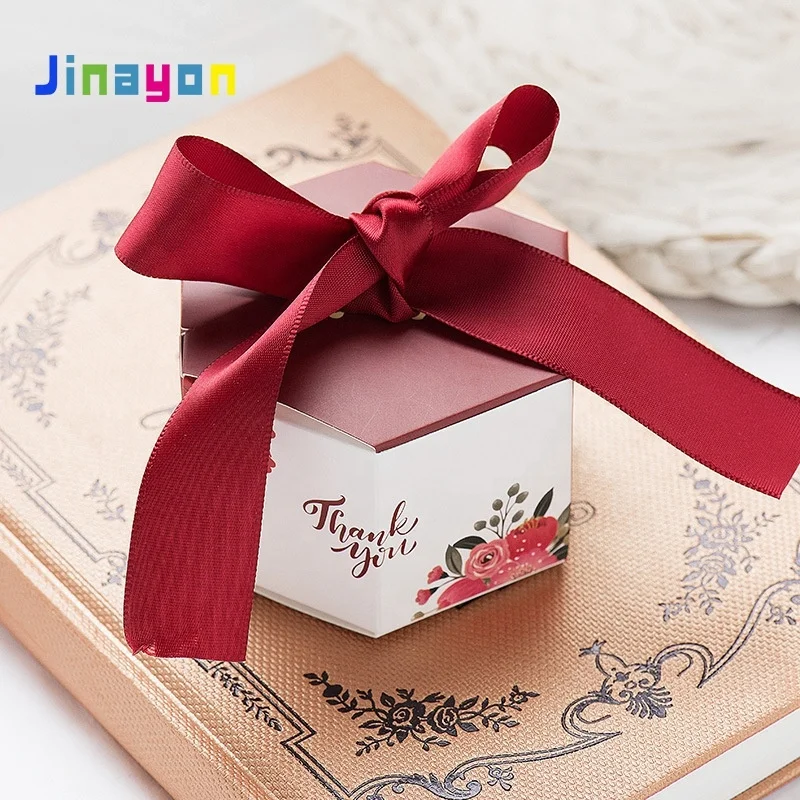 Caja hexagonal personalizada de alta calidad con diseño de nudo mariposa y relieve, caja regalo para azúcar y caramelos, ideal para bodas; productos de papel de calidad para alimentos