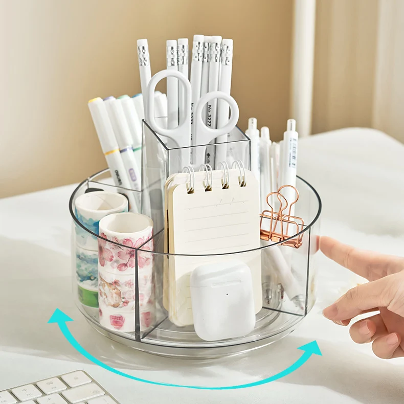 Новинка многофункциональные настольные канцелярские принадлежности косметика пластиковый прозрачный ПЭТ круглый вращающийся органайзер для