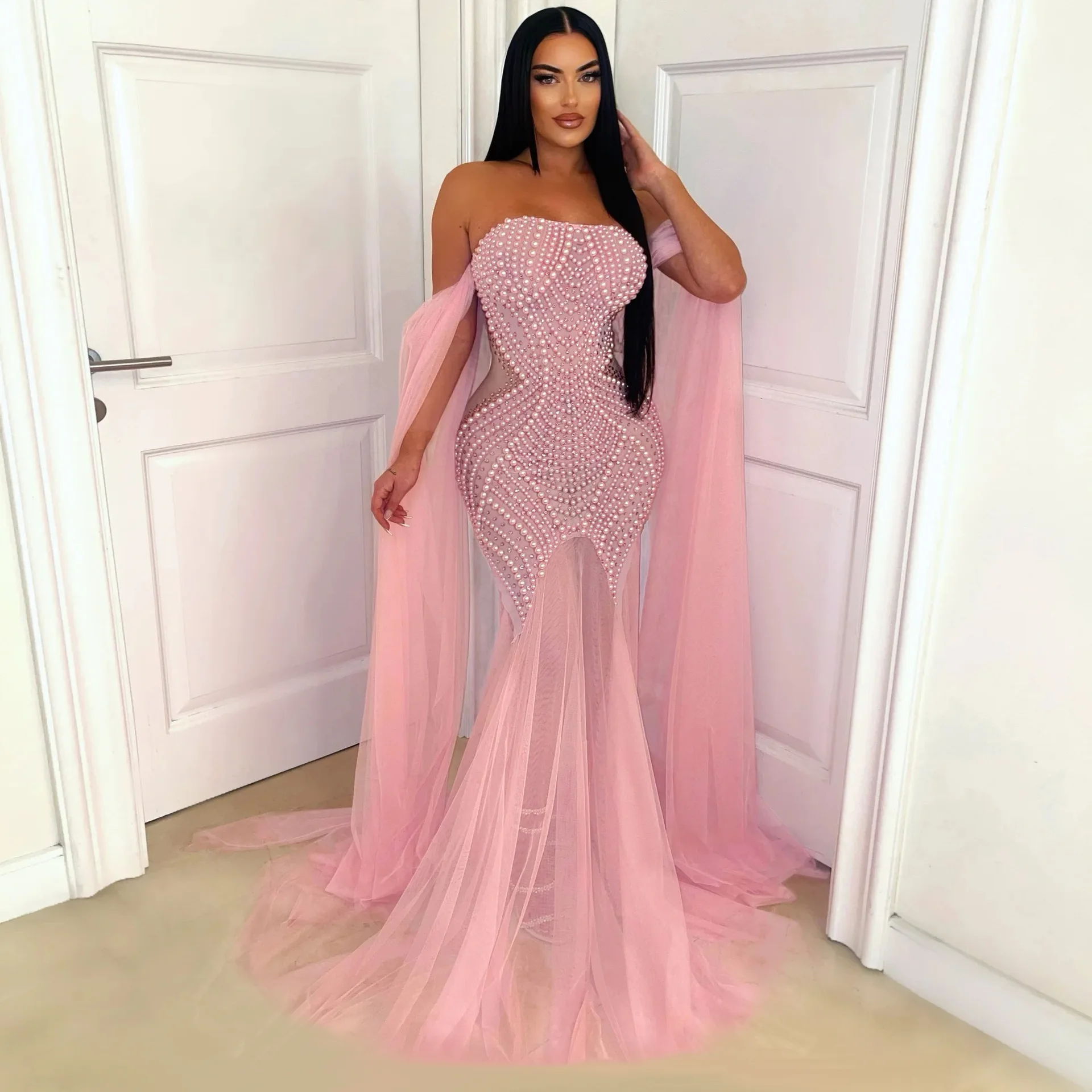 Cy434 2025 Womens Holiday Gowns 2023 Pink Evening Dress With Diamond  Birthday Dress Sexy Sheer Mesh Rhinestone Pearl Dress