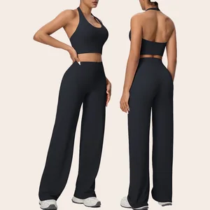 Solid Color Women's Hanging Neck Design Fitness Yoga Set Quick Drying Lightweight Workout Clothes Two-piece Sport Set for Women