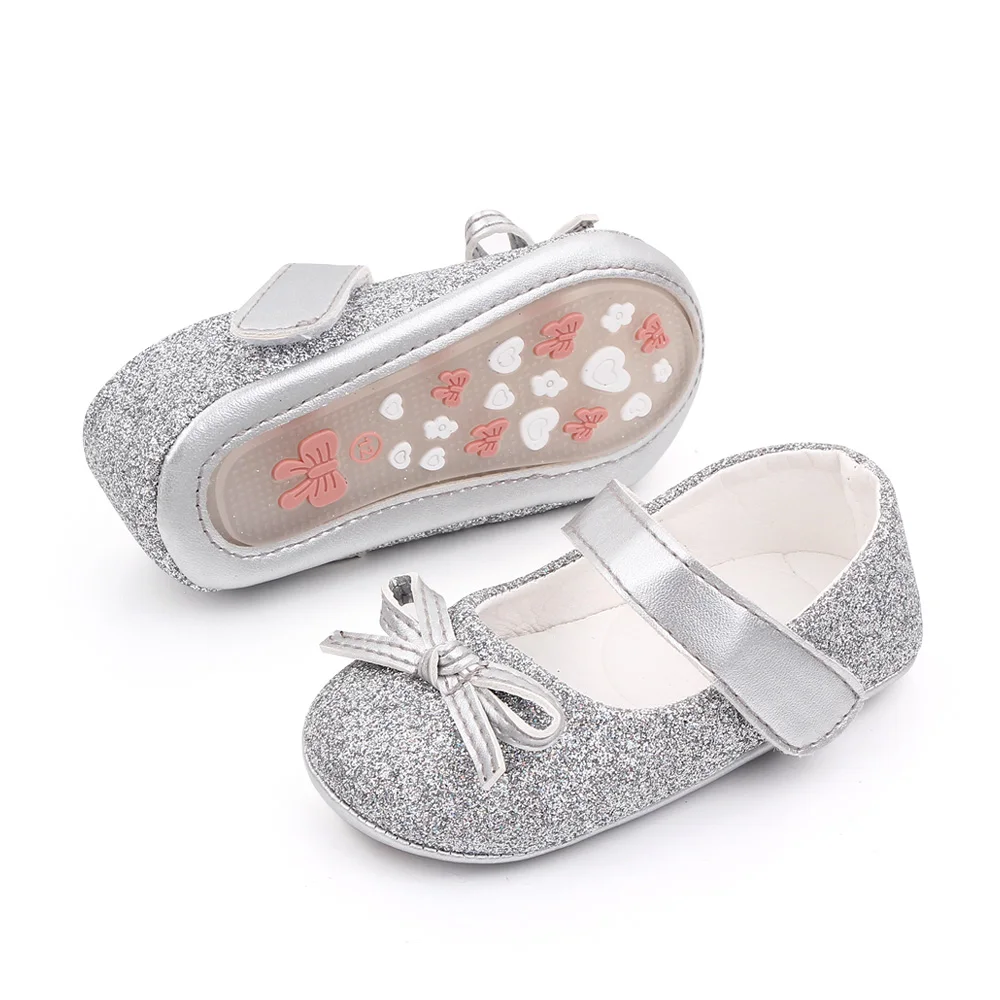 Spring and Summer New Sparkling Solid Color Glitter Bow Baby Girls Princess Walking Shoes factory