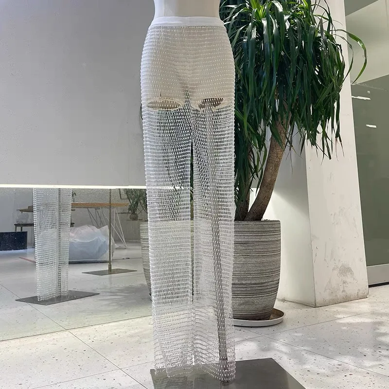 Crystal Diamond Shiny Women Pants Summer New Fashion Hollow Out Fishnet  Wide Leg Trousers Sexy See Through Beach Pant