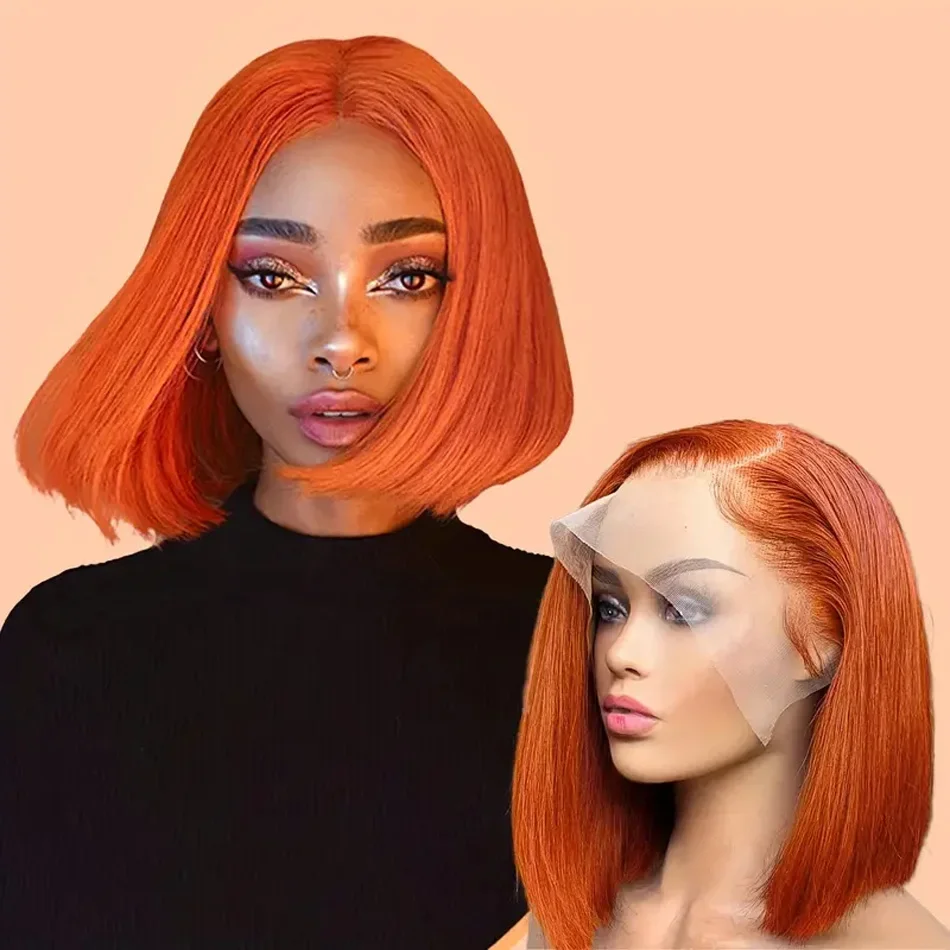 Brazilian Remy Human Hair Short Bob Wigs Lace Frontal for Women Ginger Orange Pre Plucked_voghion.com