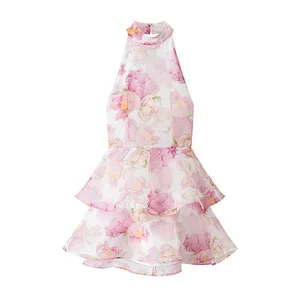 Cross-border European American-style Spring Women's Fashion Floral Printed Chiffon Cascading Ruffle Sexy Stand Collar Slim-fit