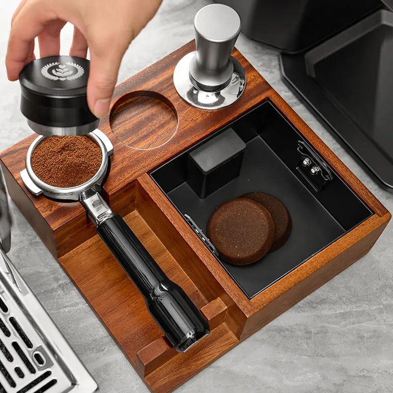 2023 Stainless Steel Wooden Eco-Friendly Stocked Tamper Station for Portafilter Coffee Residual Disposal Multifunctional Holder
