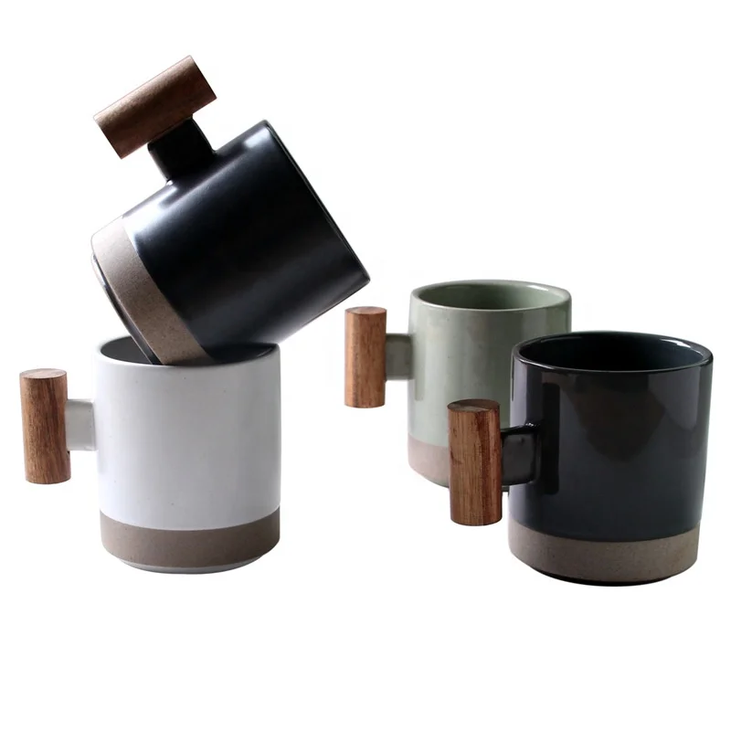 Korean Style Stock Available Color Blue  350 ml 12 oz Ceramic Coffee Mug Cup  with Wood Handle