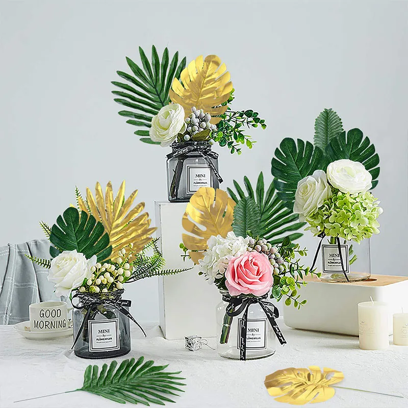 96 pezzi di foglie tropicali artificiali di palma con steli, foglie di giungla decorazioni per feste hawaiane Luau Beach Baby Shower decorazioni di compleanno (96 pezzi