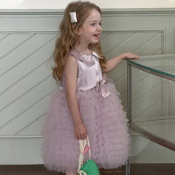 Summer Children Princess Dress O-Neck Baby Girl Sweet Mesh Baby Dresses Solid Flower Girl Puffy Tulle Cake Birthday Skirt