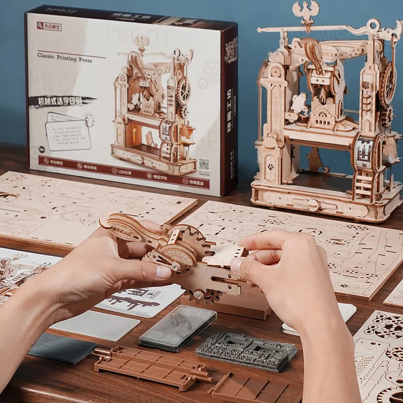 Robotime Rokr Wood Crafts LK602 Printing Press Mechanical DIY Wooden 3D Puzzles for Adults