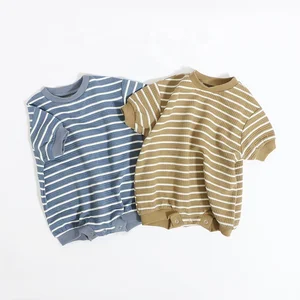 Gender Neutral Knit Cloth Baby Bubble Rompers Striped Short Sleeve Kids Clothing