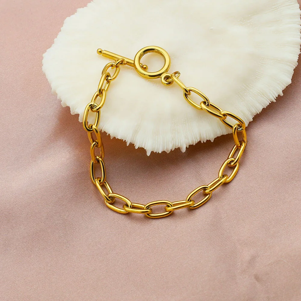 New Gold Plated Paper Clip Chain OT Buckle Bracelet Stainless