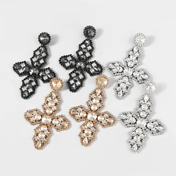 European Retro Jewelry Black Rhinestone Cross Statement Earrings Long Crystal Cross Drop Earrings For Women