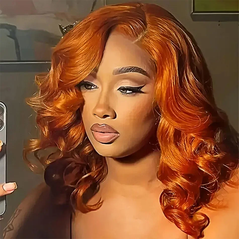 Ingwer-orange, kurze Bob-Perücke, gewellt, für Frauen, täglich, vorgezupft, peruanisches Remy-Echthaar, 13 x 4 Zoll, Frontal-Spitze, Bob-Perücke_voghion.com