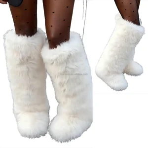 BUSY GIRL HS9283 White Faux Fur Boots for Women Custom Boots Manufacturers Fur Shoes White Knee-High Fox Fur Boots for Women