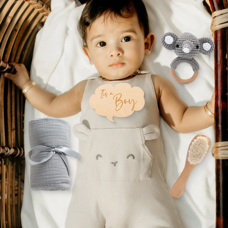 Baby Muslin Cotton Blanket Teething Rattle Milestone Wooden Toy Shower