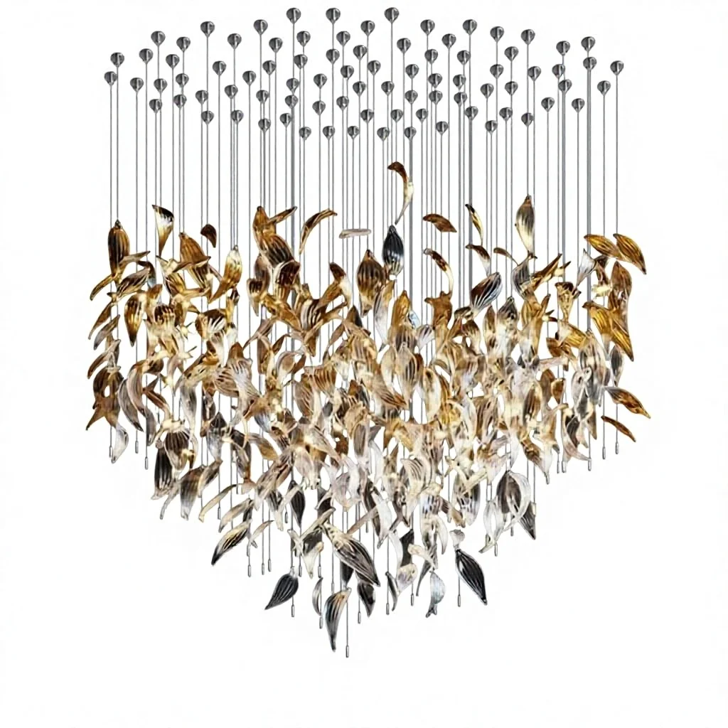 Eisen-Glas-Kronleuchter mit kreativem Blatt-Design für Hotel-Lobby, Verkaufsbüro, Banketthalle, Villa, Maisonette und Treppenhaus – Beleuchtungsarmaturen