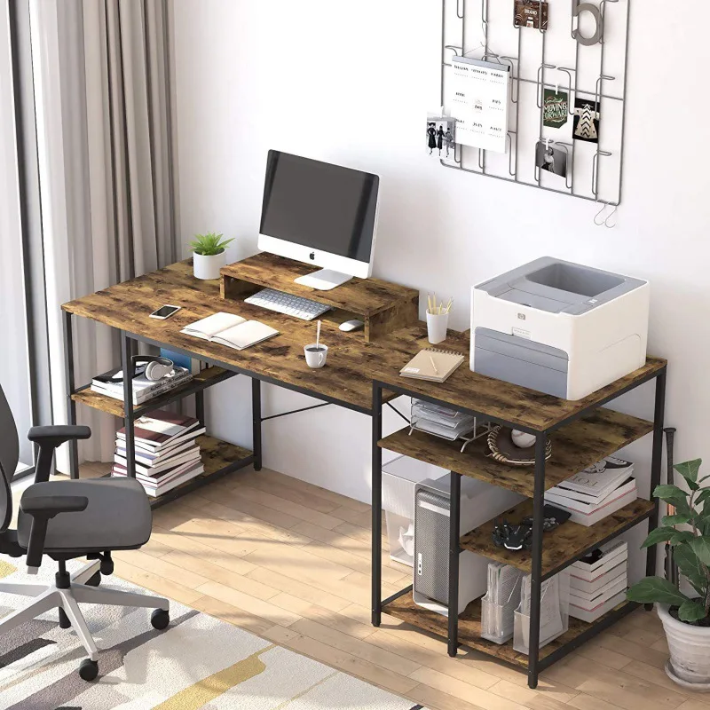 Modern Computer Desk Bookcase Combination Simple Iron Wood Office