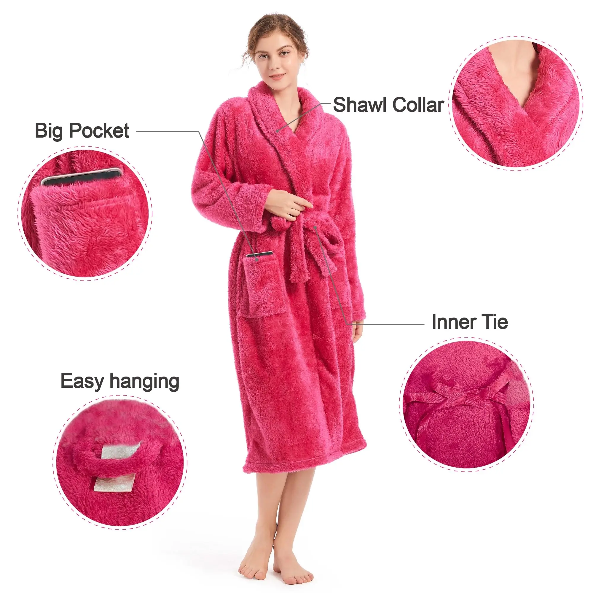 2024 Factory Wholesale Custom Cozy Warm Luxury  Flannel Fleece Bathrobe Robe With Pockets Full Length Bathrobe women manufacture