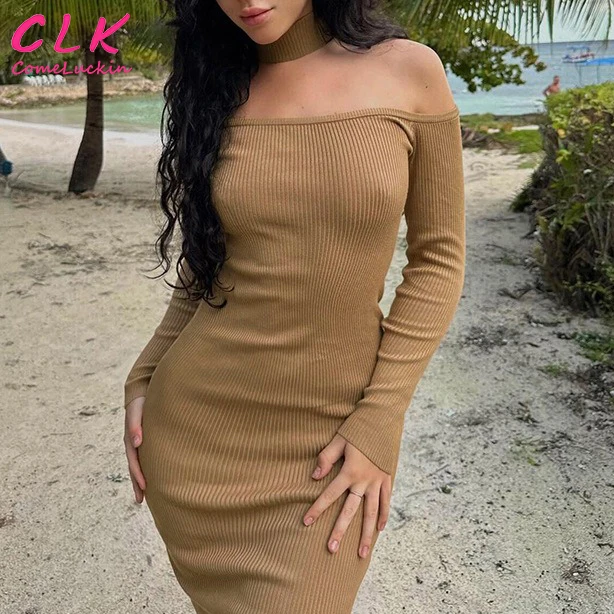 2024 Custom Logo Mini Women's Elegant Knitted Bodycon Dress Long Sleeve  Casual Winter Dress With Simple Print| Alibaba.com