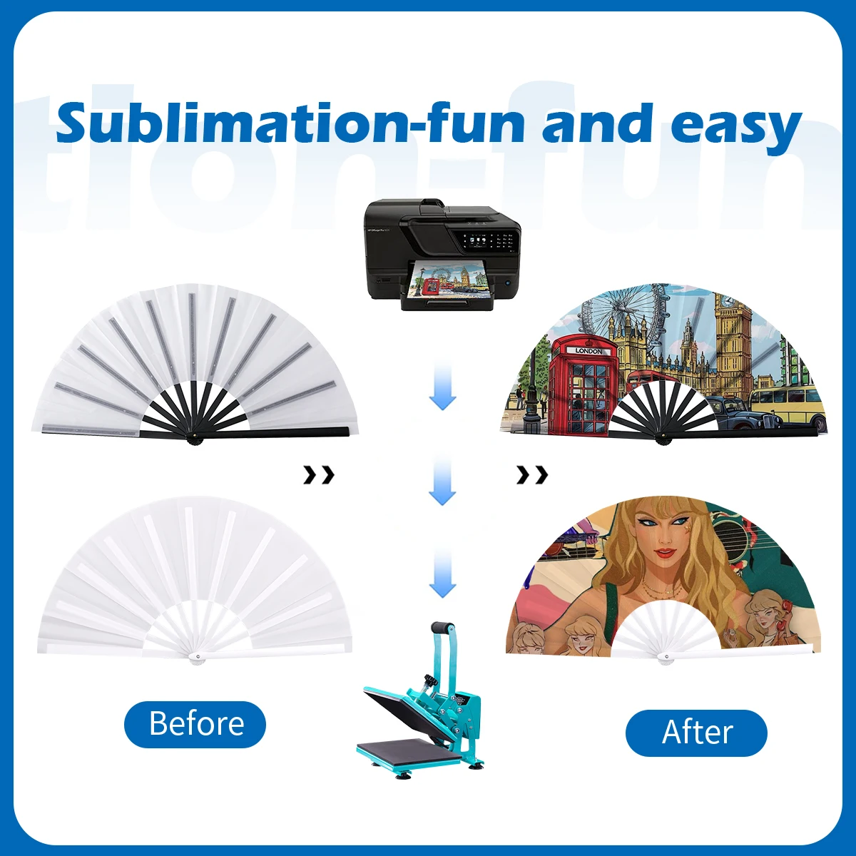 Line Dance KungFu Folding Clacking Hand Fan Loud Voice Sublimation Blank Large White Fan Black Plastic Handle 33cm Polyester Fan