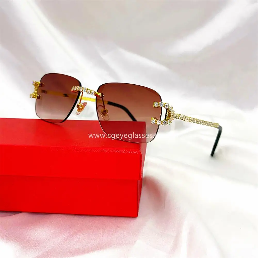 2022 Luxury Rhinestone Sunglasses Small Rimless Rectangle Sun Glasses