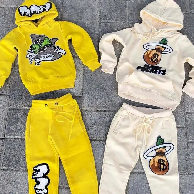 OEM Custom Logo Chenille Embroidery Logo Oversized 100% Cotton Sweatpants And Hoodie Set Men's Tracksuit  For Men