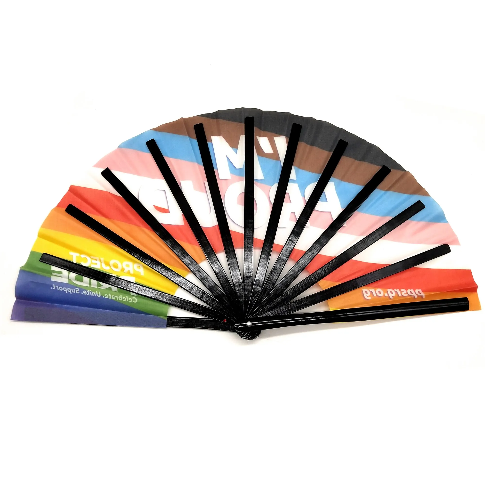 Big Clack Large 33Cm Custom Logo Printing Polyester Satin Bamboo Fan Rainbow Gay Pride Fan