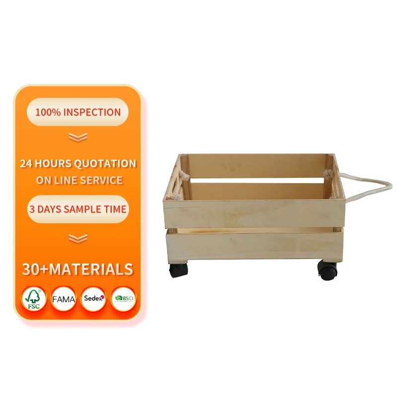 Wheeled Wood Box With Handle & Rope Handle Storage Gifts Books Tissue